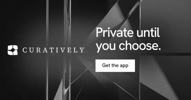 Social ad for Curatively: "Private until you choose." Swiss style, logo hero layout, dark palette in grey, black.