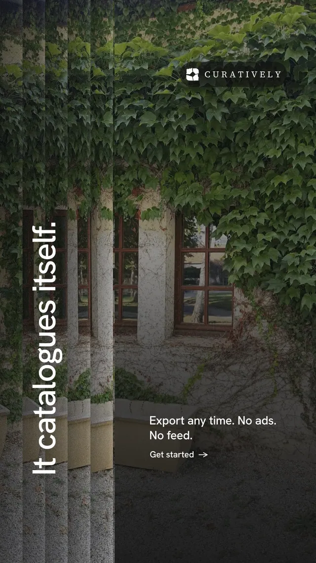 Instagram story for Curatively: "It catalogues itself." Minimal luxury style, vertical layout, dark palette in black, grey.