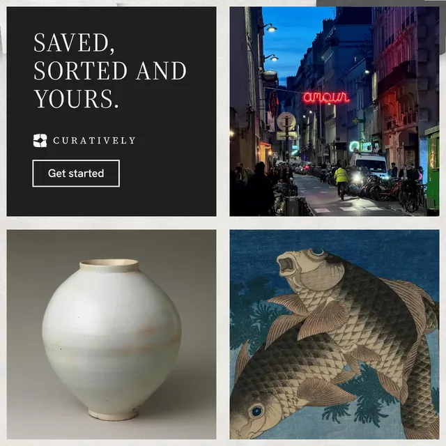 Instagram post for Curatively: "Saved, sorted and yours." Editorial style, collage layout, dark palette in blue, grey, black.