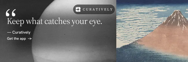 X header for Curatively: "It catalogues itself." Minimal luxury style, quote layout, light palette in grey, black.