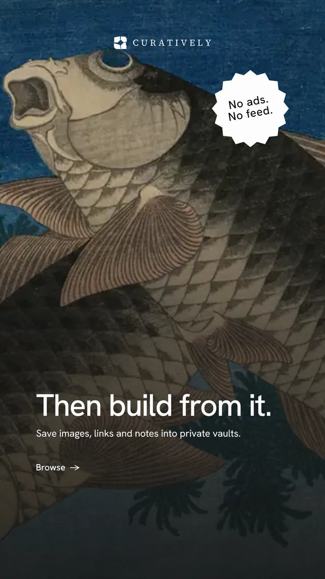 Instagram story for Curatively: "Then build from it." Minimal luxury style, sticker layout, dark palette in black, grey, blue.