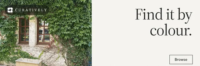 X header for Curatively: "Find it by colour." Editorial style, right layout, light palette in white, green, grey.