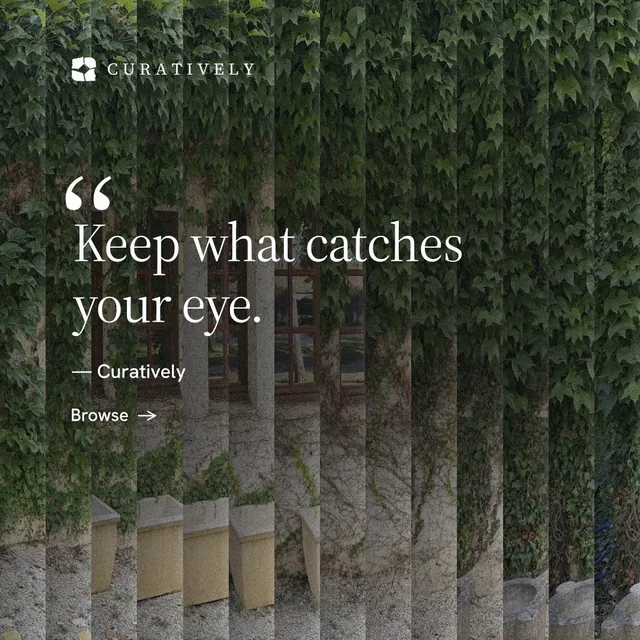 Instagram post for Curatively: "Saved, sorted and yours." Minimal luxury style, quote layout, dark palette in grey, black, green.