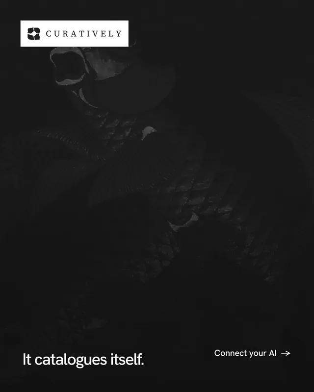 Instagram portrait post for Curatively: "It catalogues itself." Swiss style, image led layout, dark palette in black.
