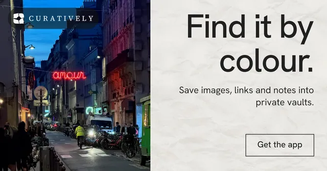 Social ad for Curatively: "Find it by colour." Editorial style, right layout, light palette in white, purple, grey.