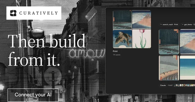 Social ad for Curatively: "Then build from it." Editorial style, bottom layout, dark palette in black, grey.