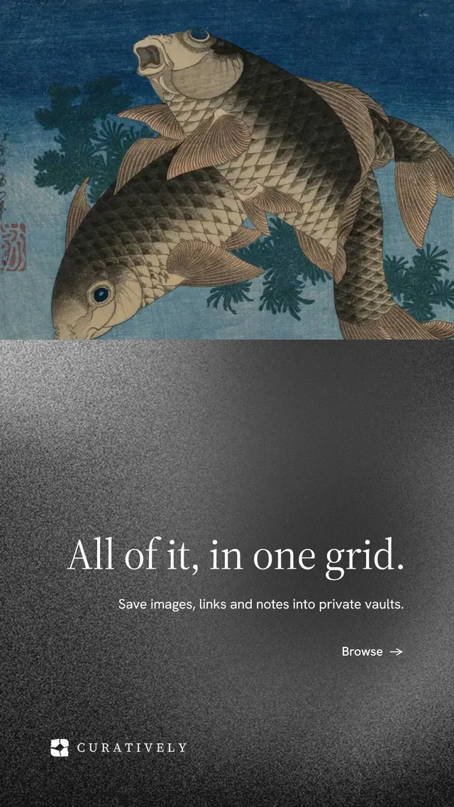 Instagram story for Curatively: "All of it, in one grid." Minimal luxury style, right layout, dark palette in grey, black.