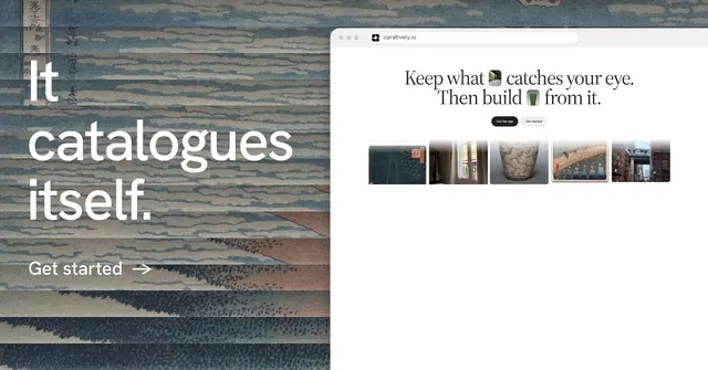 Social ad for Curatively: "It catalogues itself." Minimal luxury style, browser layout, light palette in white, grey.