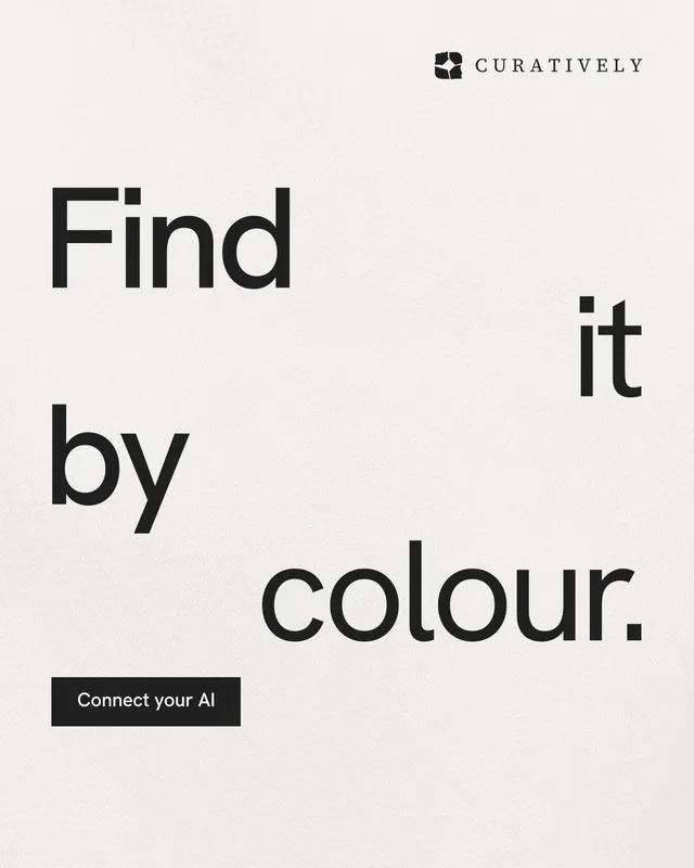 Instagram portrait post for Curatively: "Find it by colour." Swiss style, stacked layout, light palette in white, grey.