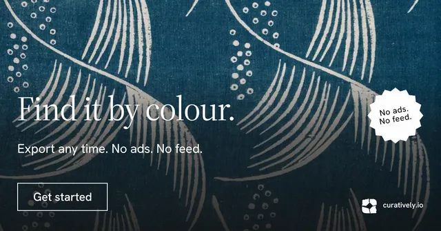 Social ad for Curatively: "Find it by colour." Editorial style, sticker layout, dark palette in black, blue, grey.