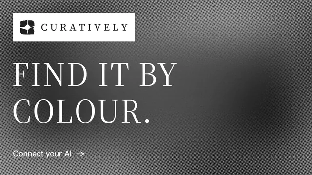 Landscape graphic for Curatively: "Find it by colour." Minimal luxury style, announce layout, dark palette in grey, black.