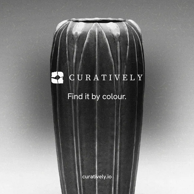 Instagram post for Curatively: "Find it by colour." Swiss style, end card layout, light palette in grey, black, white.