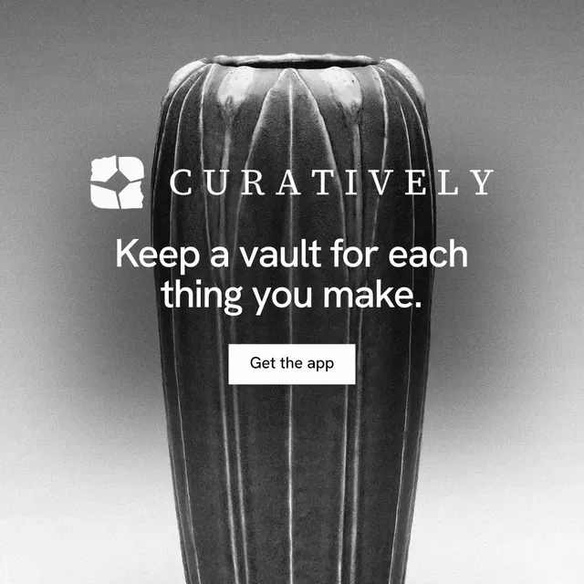 Instagram post for Curatively: "Keep a vault for each thing you make." Swiss style, logo hero layout, light palette in grey, black, white.