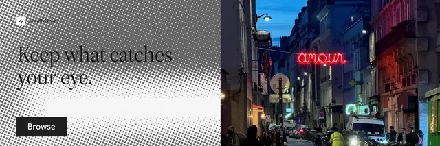 X header for Curatively: "Keep what catches your eye." Split block style, bottom layout, dark palette in grey, blue, white.