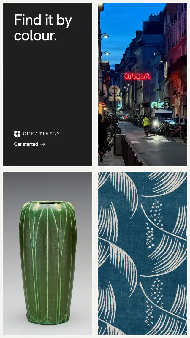 Instagram story for Curatively: "Find it by colour." Minimal luxury style, collage layout, dark palette in grey, black, blue.