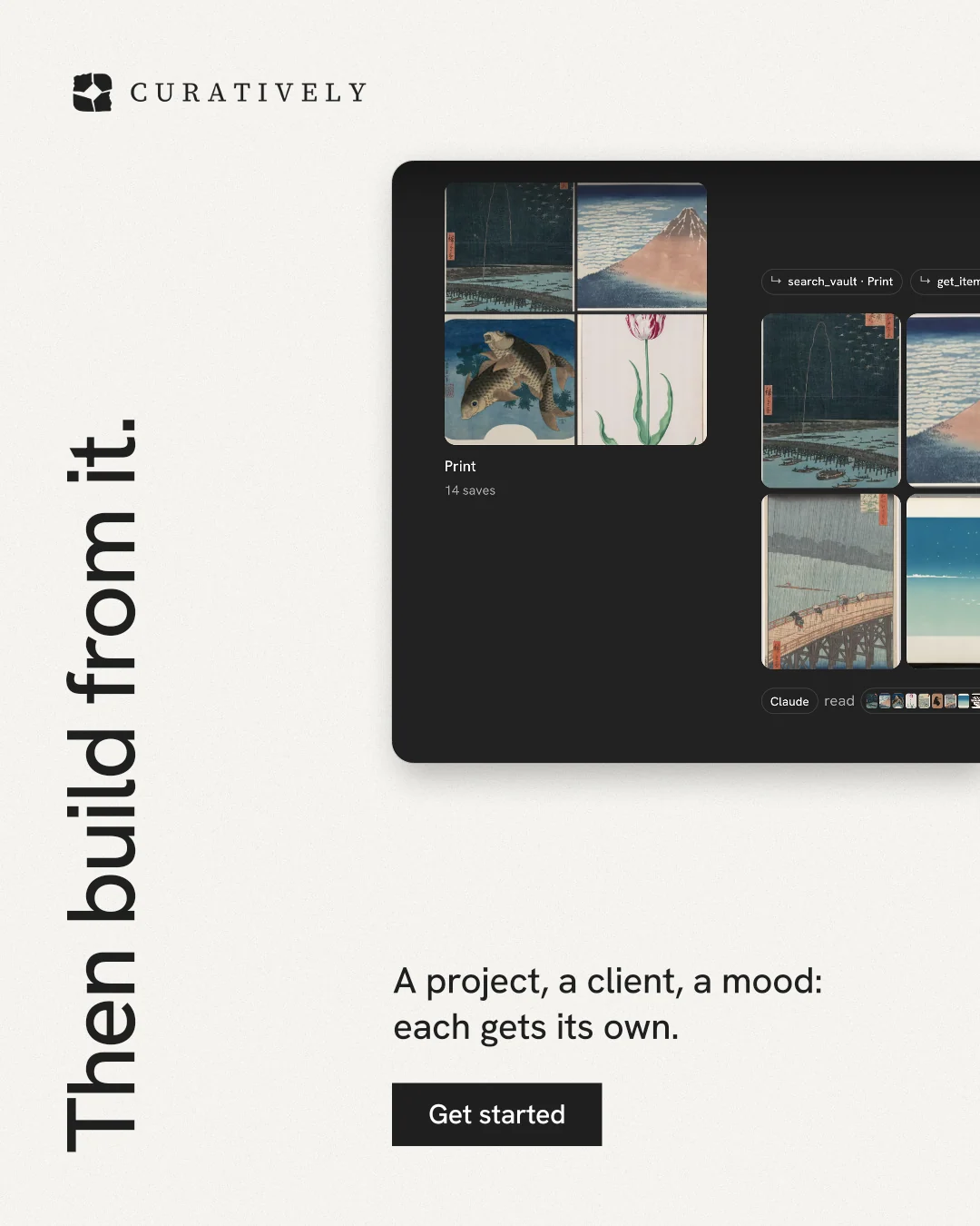 Instagram portrait post for Curatively: "Then build from it." Swiss style, vertical layout, light palette in white, grey.