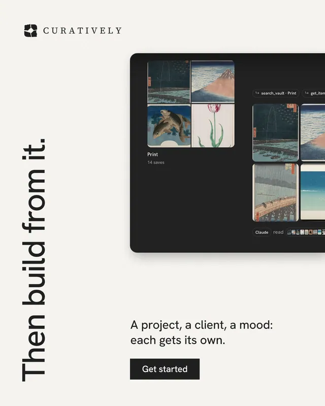 Instagram portrait post for Curatively: "Then build from it." Swiss style, vertical layout, light palette in white, grey.