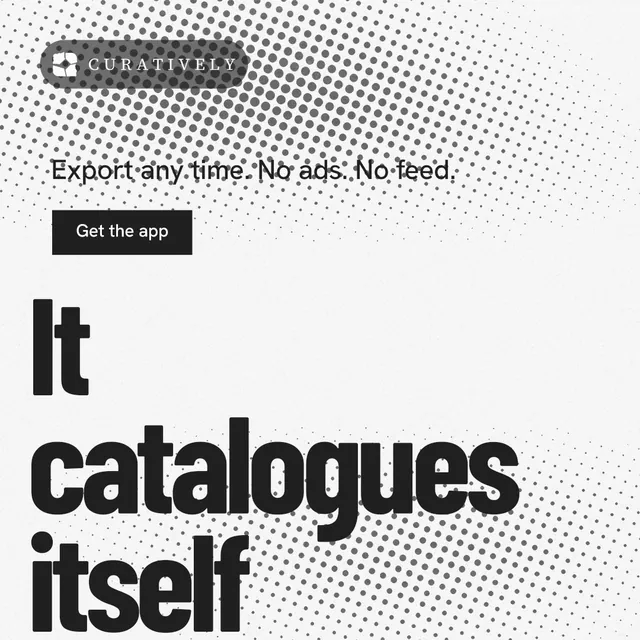 Instagram post for Curatively: "Find it by colour." Retro print style, oversized layout, light palette in white, grey.