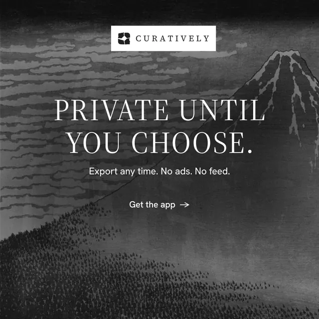 Instagram post for Curatively: "Private until you choose." Minimal luxury style, centred layout, dark palette in grey, black.