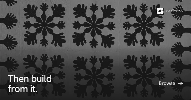 Social ad for Curatively: "Then build from it." Retro print style, image led layout, dark palette in grey, black.