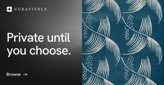 Social ad for Curatively: "Private until you choose." Minimal luxury style, bottom layout, dark palette in blue, black, grey.