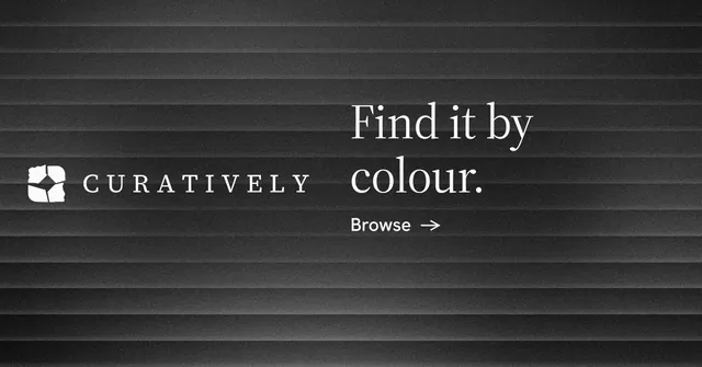 Social ad for Curatively: "Find it by colour." Minimal luxury style, logo hero layout, dark palette in black, grey.