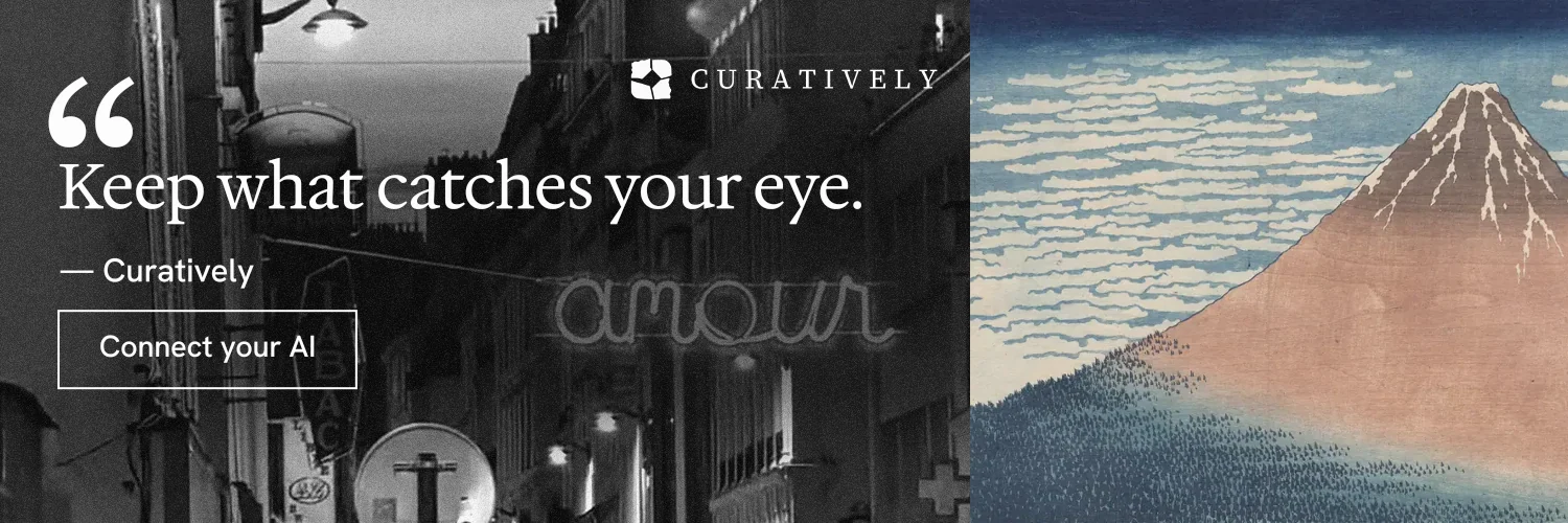 X header for Curatively: "Save it from anywhere." Editorial style, quote layout, dark palette in grey, black.