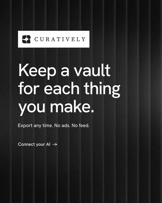 Instagram portrait post for Curatively: "Keep a vault for each thing you make." Minimal luxury style, announce layout, dark palette in black, grey.