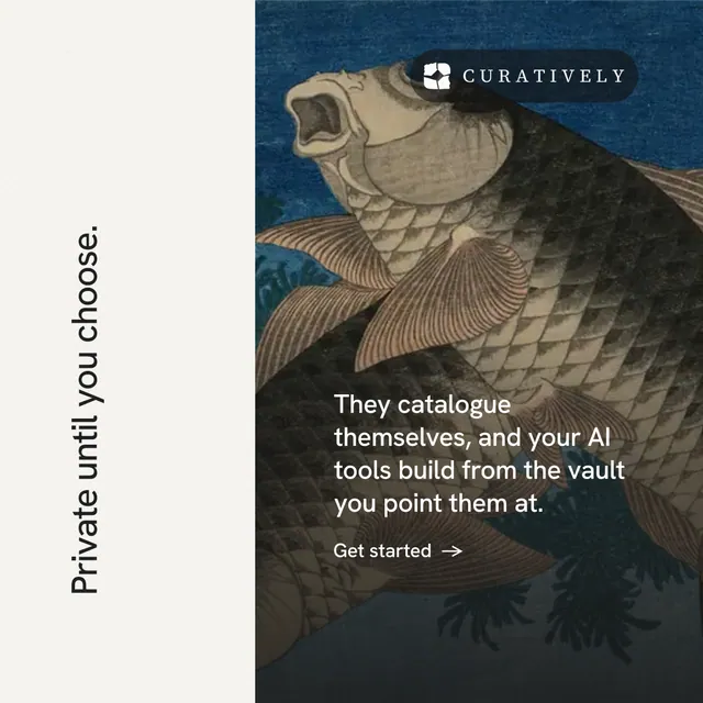 Instagram post for Curatively: "Private until you choose." Minimal luxury style, vertical layout, light palette in white, black, grey.