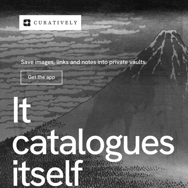 Instagram post for Curatively: "Saved, sorted and yours." Editorial style, oversized layout, dark palette in grey, black.