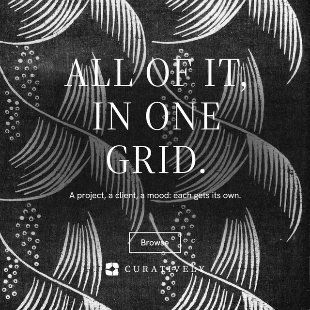 Instagram post for Curatively: "All of it, in one grid." Editorial style, centred layout, dark palette in black, grey.