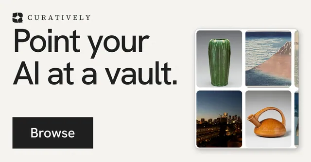 Social ad for Curatively: "Point your AI at a vault." Swiss style, skeleton layout, light palette in white, grey.