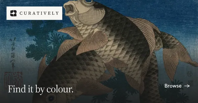 Social ad for Curatively: "Find it by colour." Editorial style, image led layout, dark palette in black, blue, grey.