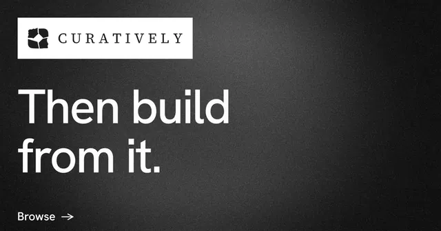 Social ad for Curatively: "Then build from it." Minimal luxury style, announce layout, dark palette in black, grey.