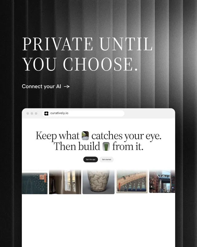 Instagram portrait post for Curatively: "Private until you choose." Minimal luxury style, browser layout, light palette in black, grey, white.