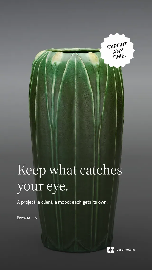 Instagram story for Curatively: "Keep what catches your eye." Minimal luxury style, sticker layout, dark palette in black, grey.