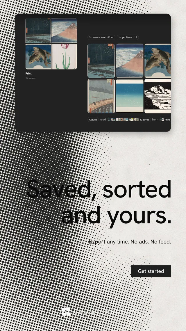 Instagram story for Curatively: "Saved, sorted and yours." Retro print style, right layout, light palette in black, grey, white.