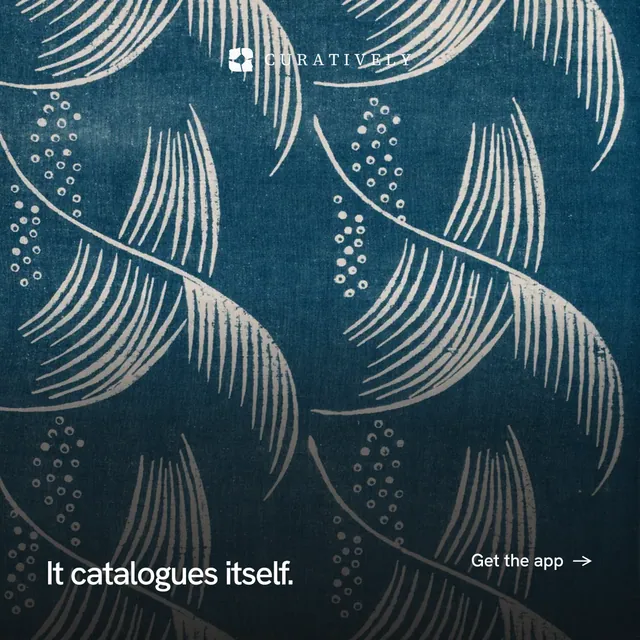 Instagram post for Curatively: "It catalogues itself." Swiss style, image led layout, dark palette in blue, grey.