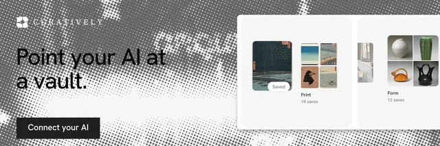 X header for Curatively: "Point your AI at a vault." Swiss style, bottom layout, light palette in grey, white.