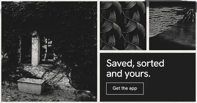 Social ad for Curatively: "Saved, sorted and yours." Editorial style, collage layout, dark palette in black, grey.