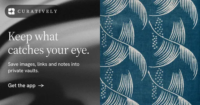 Social ad for Curatively: "Keep what catches your eye." Minimal luxury style, bottom layout, dark palette in blue, black, grey.