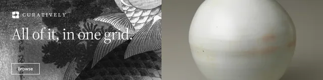 LinkedIn banner for Curatively: "All of it, in one grid." Editorial style, bottom layout, light palette in grey, black, white.