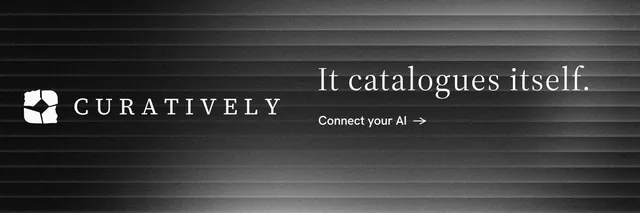 X header for Curatively: "It catalogues itself." Minimal luxury style, logo hero layout, dark palette in black, grey.