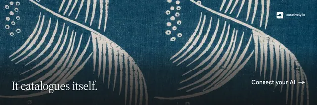 X header for Curatively: "It catalogues itself." Split block style, image led layout, dark palette in blue, grey.