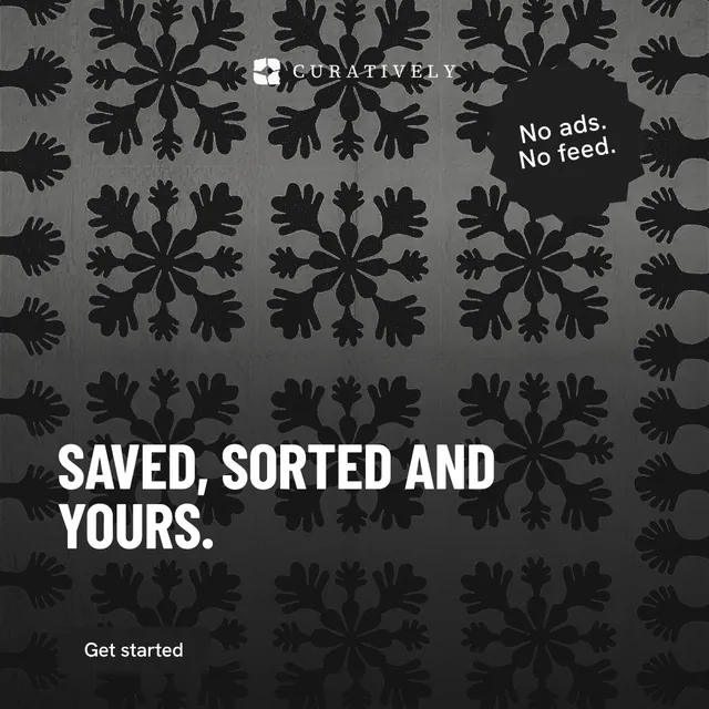 Instagram post for Curatively: "Saved, sorted and yours." Retro print style, sticker layout, dark palette in black, grey.