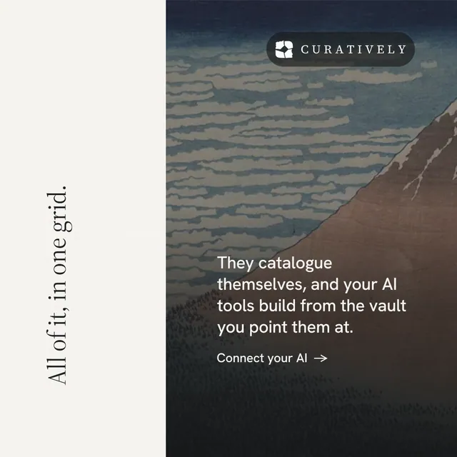 Instagram post for Curatively: "All of it, in one grid." Minimal luxury style, vertical layout, light palette in white, grey, black.