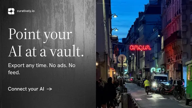 Landscape graphic for Curatively: "Point your AI at a vault." Minimal luxury style, bottom layout, dark palette in grey, black.