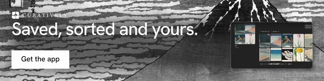 LinkedIn banner for Curatively: "Saved, sorted and yours." Swiss style, skeleton layout, light palette in grey, black, white.