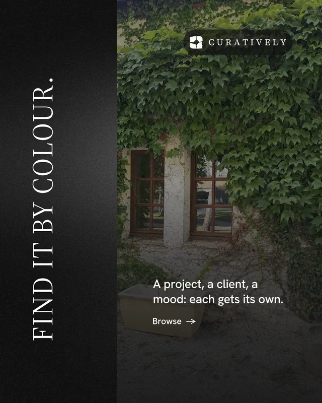 Instagram portrait post for Curatively: "Find it by colour." Minimal luxury style, vertical layout, dark palette in black, grey.