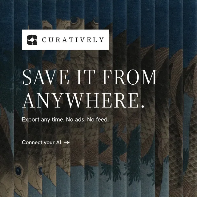 Instagram post for Curatively: "Save it from anywhere." Minimal luxury style, announce layout, dark palette in black, blue, grey.